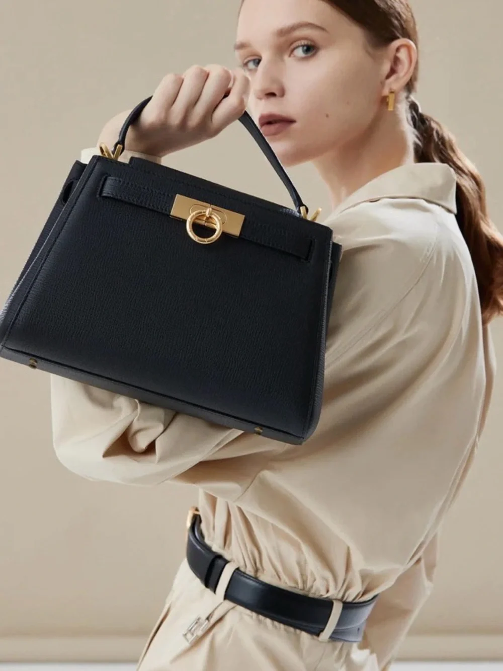 Parisa Wang Madison Top Handle Bag - Black Leather Satchel Gold Hardware